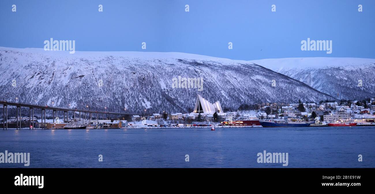 Panoramic view of Tromso in Northern Norway in winter including the Arctic Cathedral Stock Photo