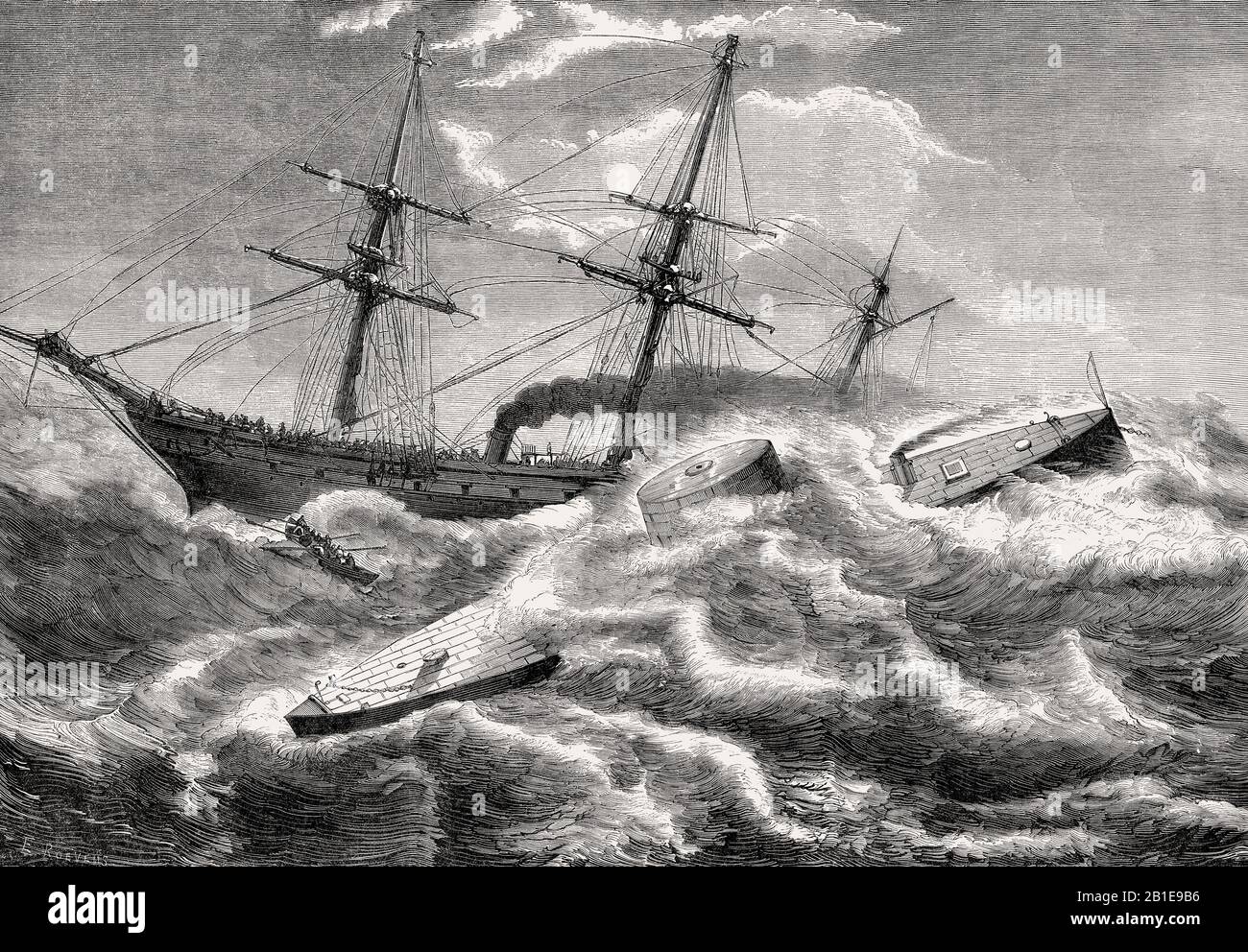 Sinking of the ironclad warship USS Monitor, Battle of Hampton Roads, American Civil War, 1862 Stock Photo