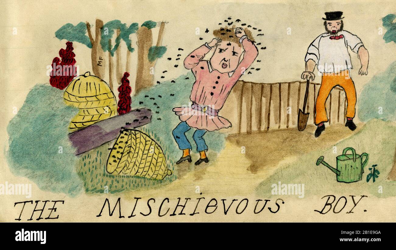 Mischievous Boy tips over a bee hive and gets his comeuppance in cautionary tale.  Watercolour painted in or around 1880 by Victorian children living in England. Detail from a manuscript volume of paintings and handwritten verse compiled by the children for their cousin, May Chatteris Fisher (1874-1910), then aged about five. Stock Photo