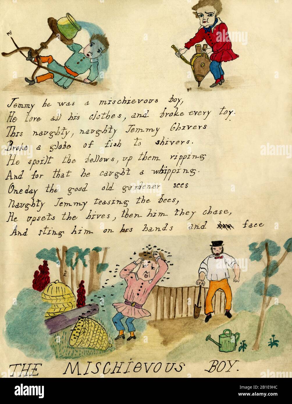 Mischievous Boy cautionary tale in painting and verse, created in England in the late 1800s by a Victorian child.  Part of a manuscript volume compiled circa 1880 for May Chatteris Fisher (1874-1910) by her cousins.  The verse on this page explains that the Mischievous Boy “tore all his clothes and broke every toy” and, amongst other mishaps and naughty pranks, teased bees, upset their hives and was chased and stung by the bees. Stock Photo