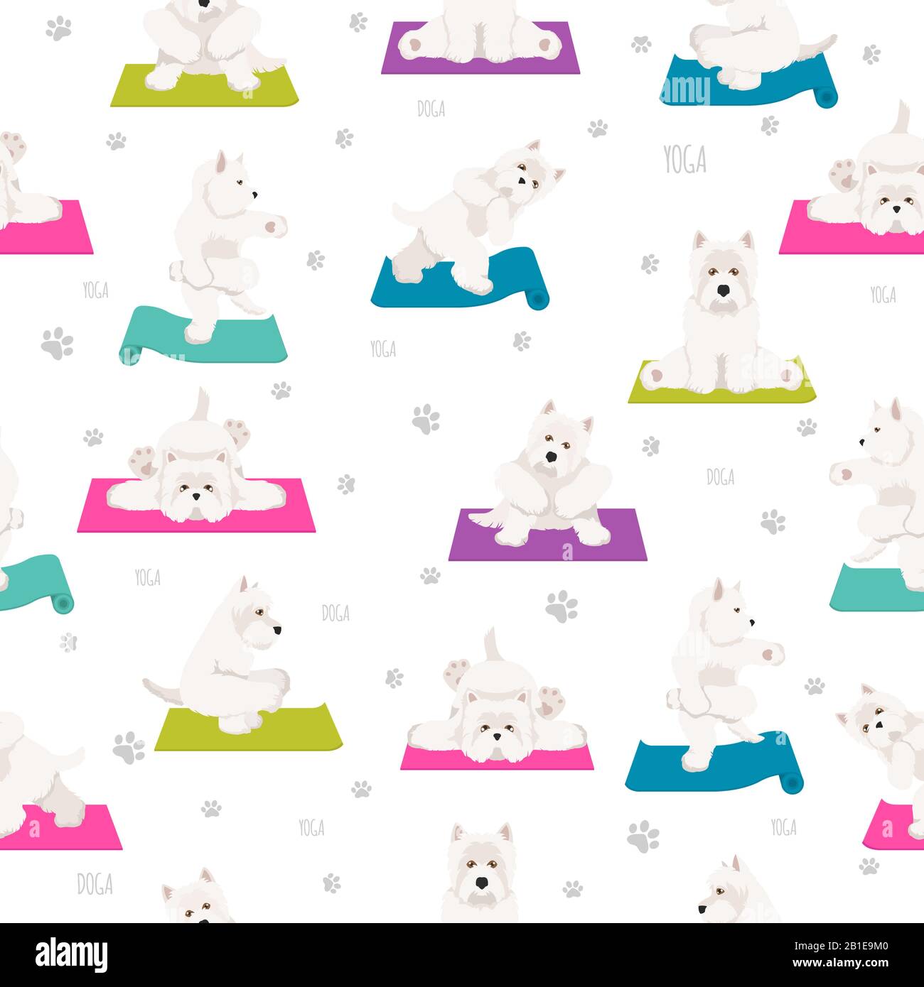 Yoga dogs poses and exercises seamless pattern design. West Highland White Terrier clipart. Vector illustration Stock Vector
