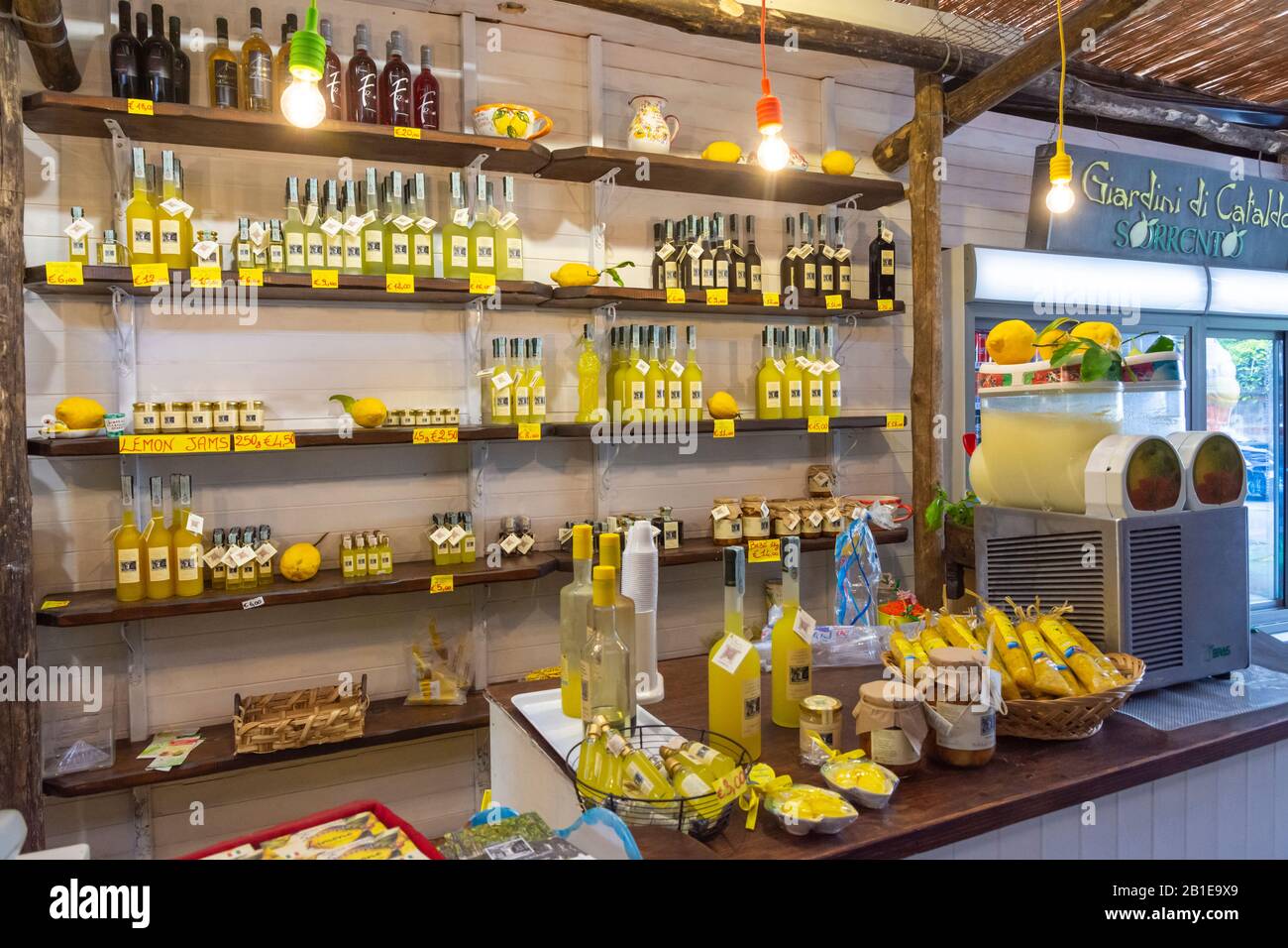 Bottles of Limoncello and arancello liquor in a souvenir shop in