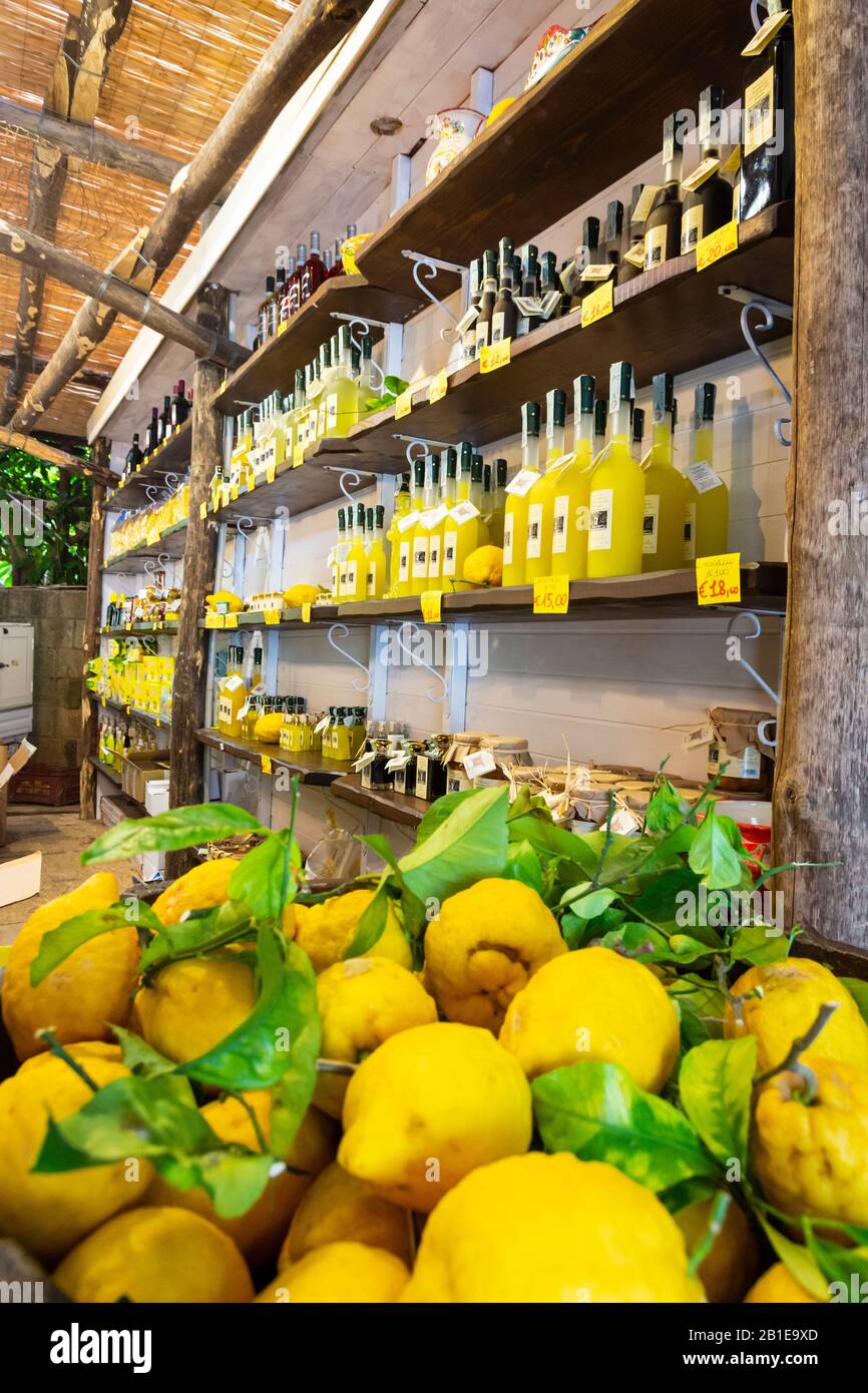 Bottles of Limoncello and arancello liquor and famous Sorrento lemons