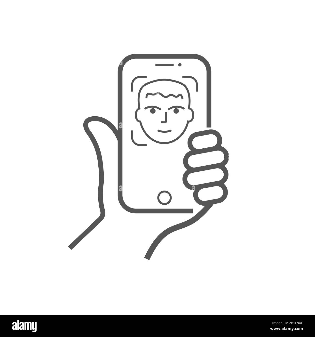 The hand hold the smartphone and doing selfie. Photo on smartphone. Editable Stroke Stock Vector