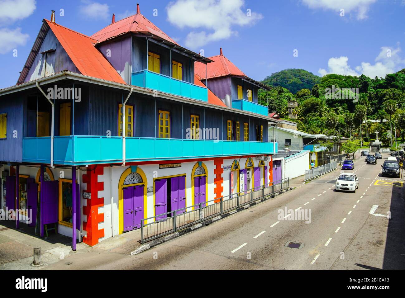 Colorfull building in Victoria the Capital City on Mahe Island, Seychelles. Stock Photo