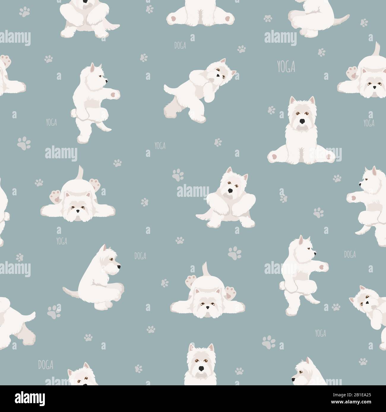 Yoga dogs poses and exercises seamless pattern design. West Highland White Terrier clipart. Vector illustration Stock Vector