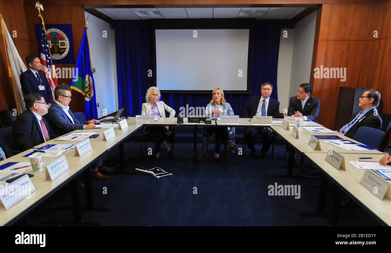 Los Angeles, USA. 24th Feb, 2020. Kathryn Barger (4th R), chair of the Los Angeles County Board of Supervisors, speaks at a roundtable about the novel coronavirus disease (COVID-19) outbreak, in downtown Los Angeles, the United States, Feb. 24, 2020. Los Angeles County officials on Monday expressed solidarity with China in fighting against the novel coronavirus. Credit: Li Ying/Xinhua/Alamy Live News Stock Photo