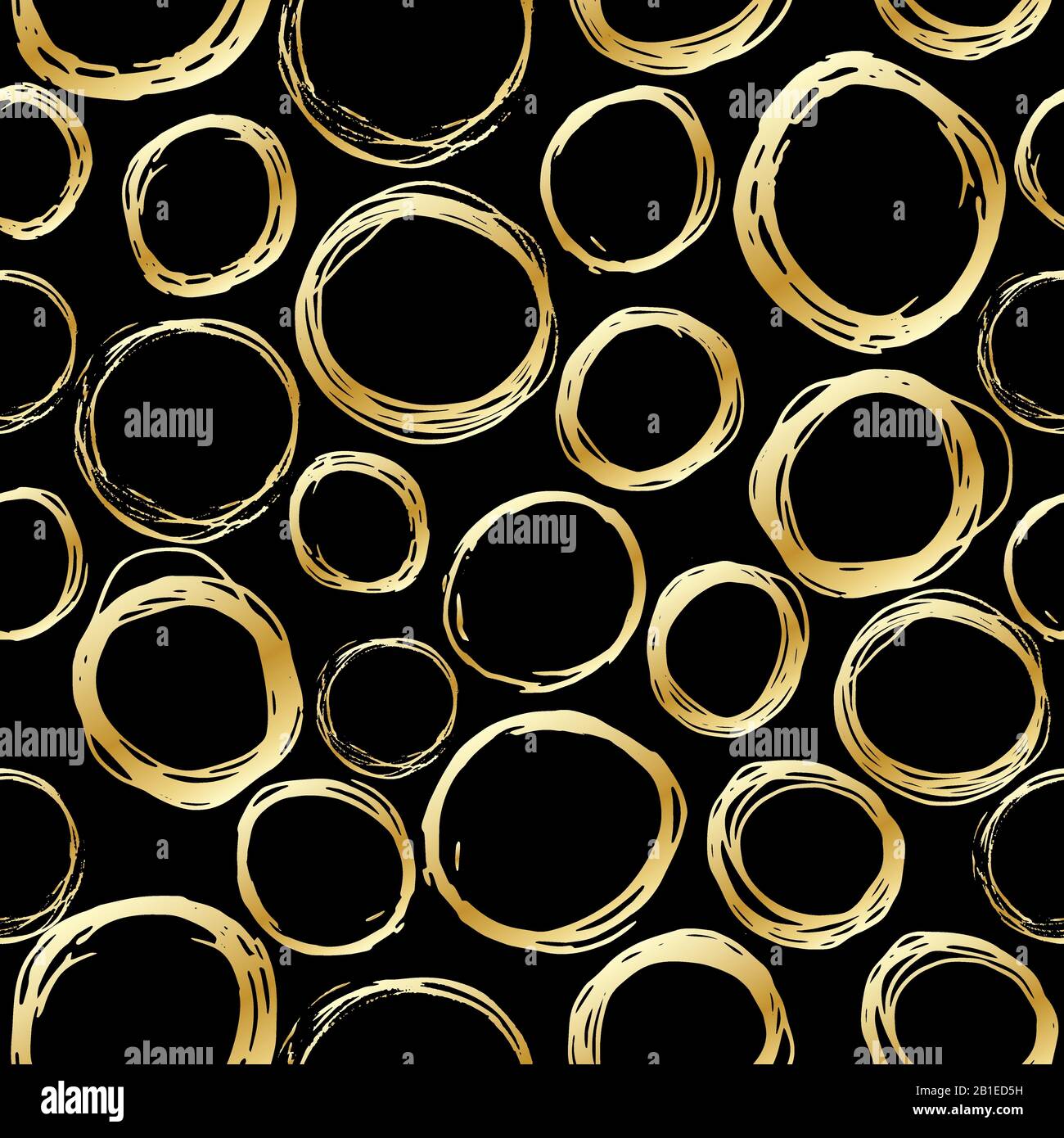 Seamless pattern of gold hand drawn circles, elements on black ...