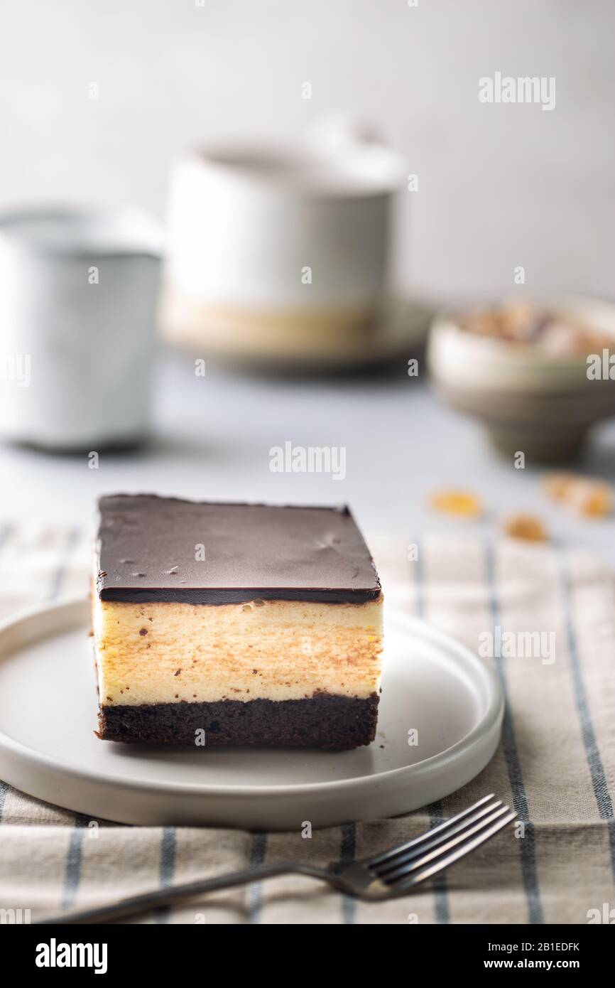 Piece of cake with souffle Birds milk, biscuit, mousse and dark