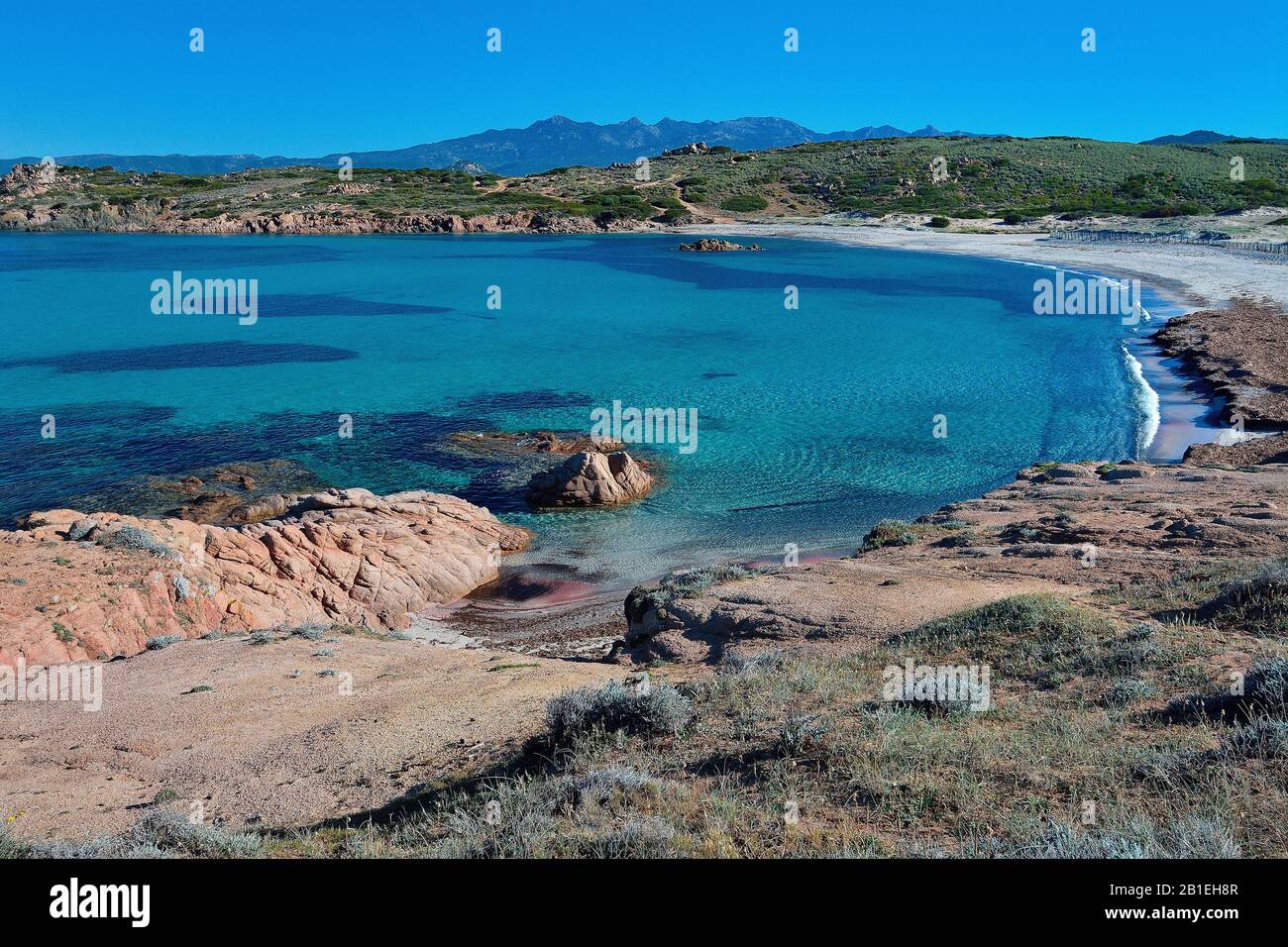 Tonnara beach, starting point of the coastal path to the Gulf of Paraguano, Natural Reserve of the mouths of Bonifacio, Corsica, France Stock Photo