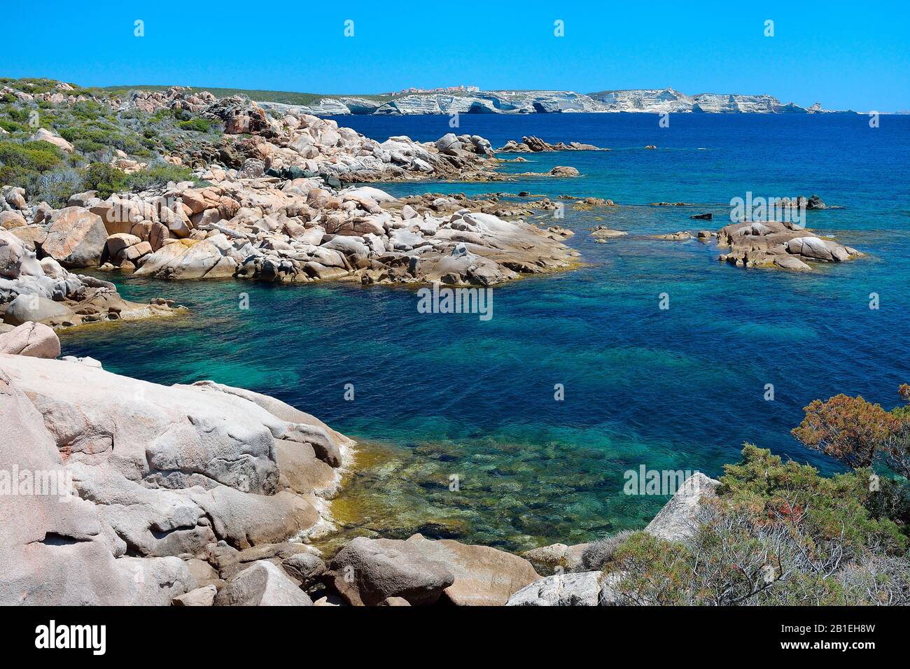 From the Gulf of Paraguano, view of Bonifacio and its cliffs, Corsica, France Stock Photo