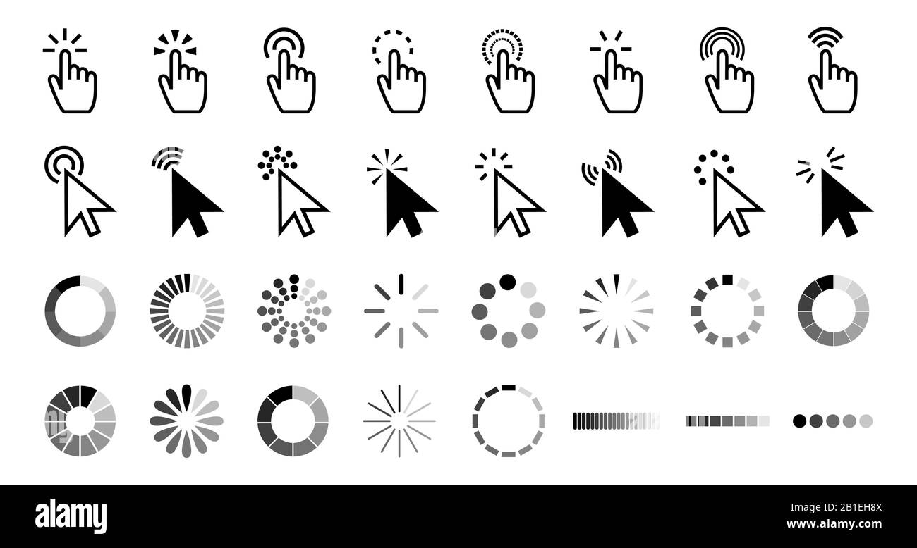 Mouse click cursor set. Hand Cursor. Click icon. Mouse pointer set. Arrow  cursor. Pointer click icon. Clicking cursor, pointing hand clicks and  waiting loading icons. Website arrows or hand icon. Stock Illustration