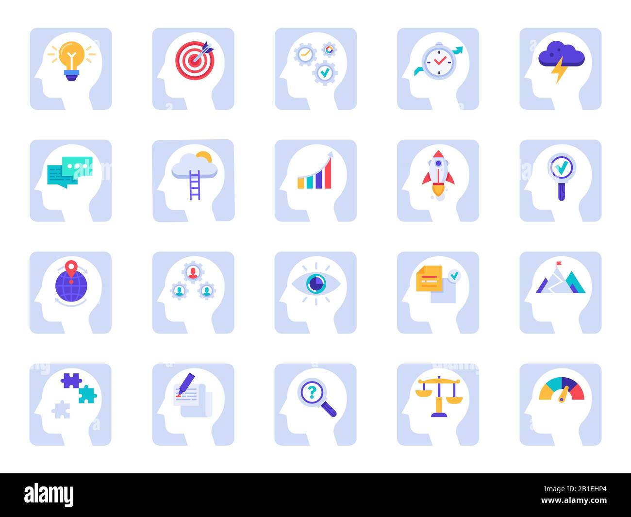 Brain thinking process icons. Business idea, success solution in businessman head and human brains psychology flat icon vector set Stock Vector