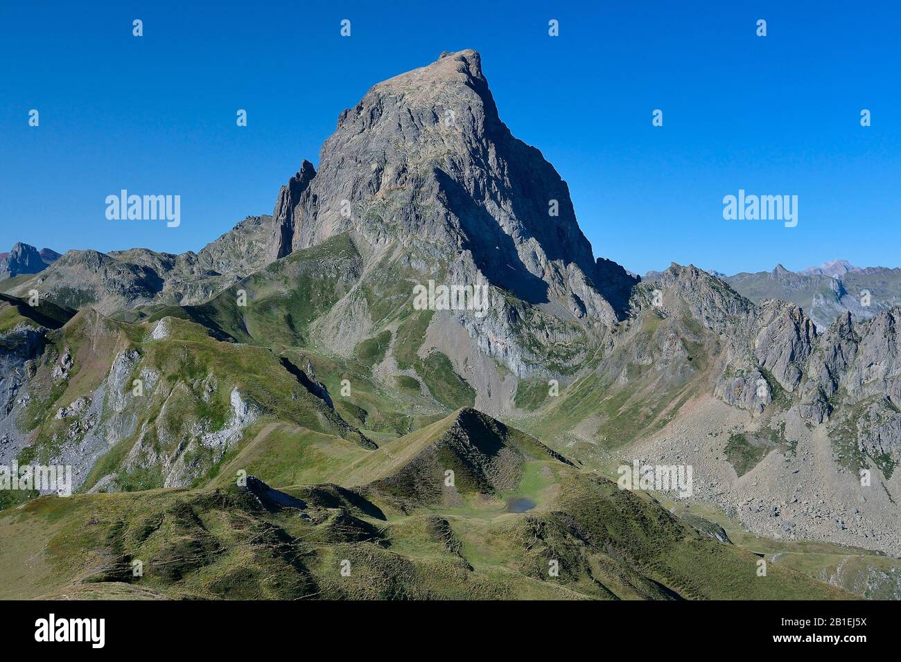 View from the Pic du Cherue on the Suzon pass and the North East face of the Pic du Midi d'Ossau, PN des Pyrenees, France Stock Photo