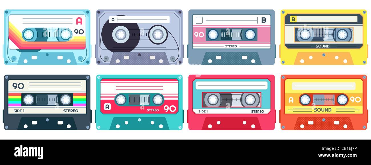 Retro music cassette. Stereo DJ tape, vintage 90s cassettes tapes and audio tape vector set Stock Vector