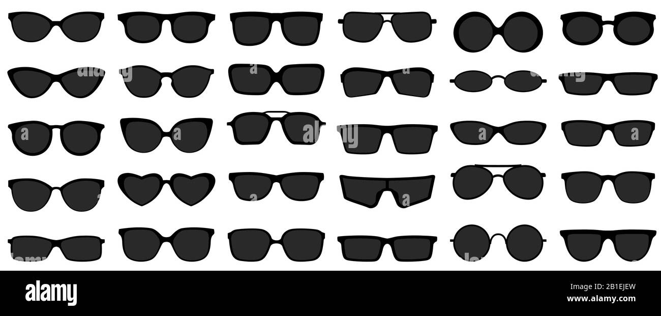 Sunglasses icons. Black sunglass, mens glasses silhouette and retro eyewear icon vector set Stock Vector