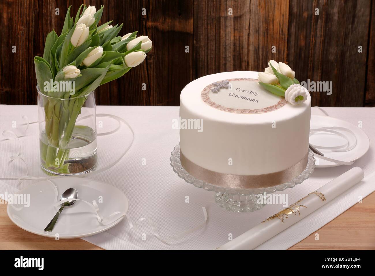 First Holy Communion Cake On Wooden Background And Empty Space For Text Stock Photo Alamy