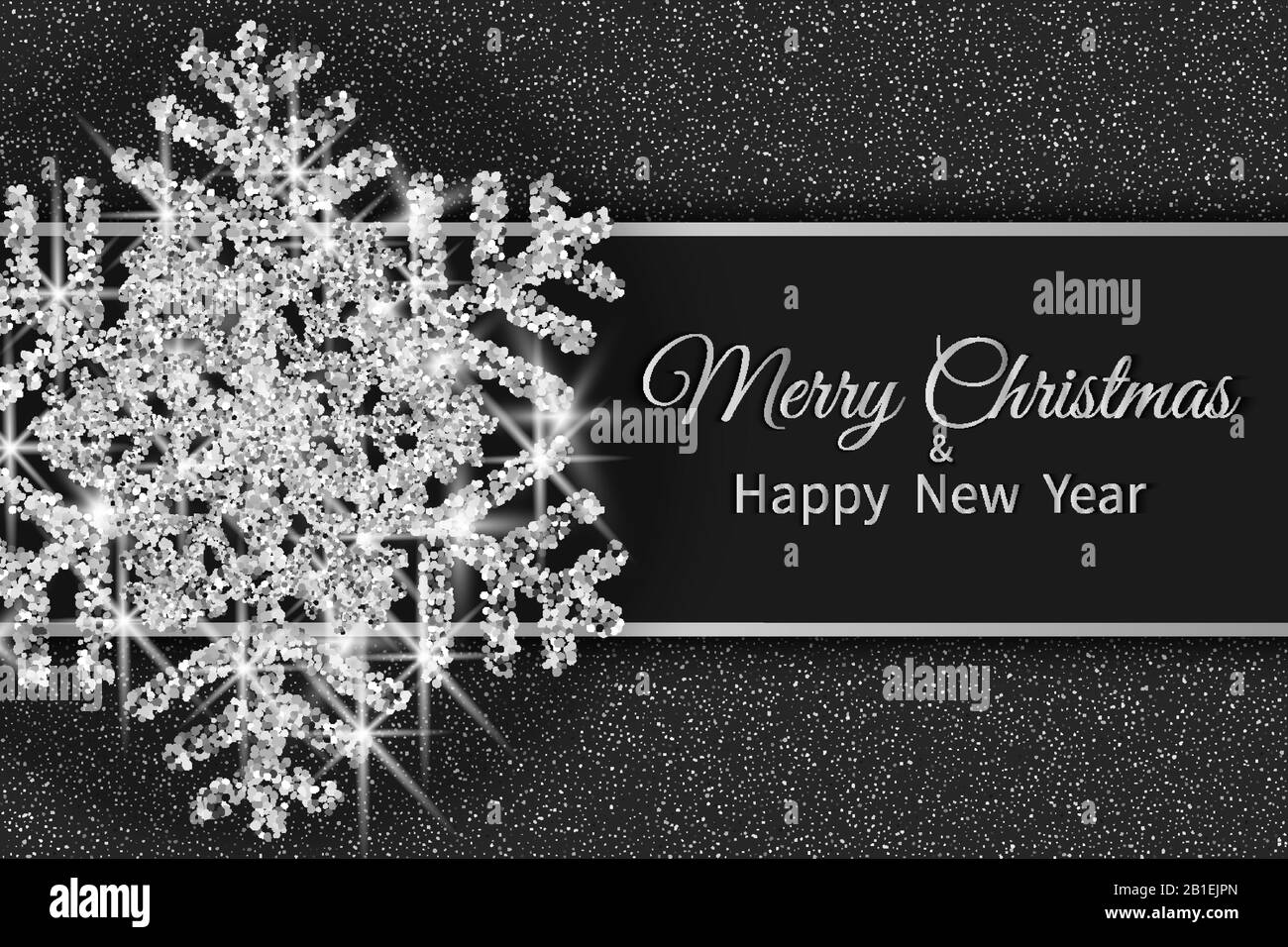 Merry Christmas greeting card. Gold snowflake and glitter on dark background. Merry Christmas and Happy New Year text. Stock Vector