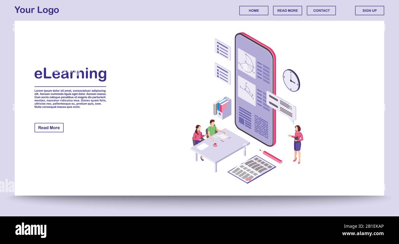 E learning webpage vector template with isometric illustration Stock Vector