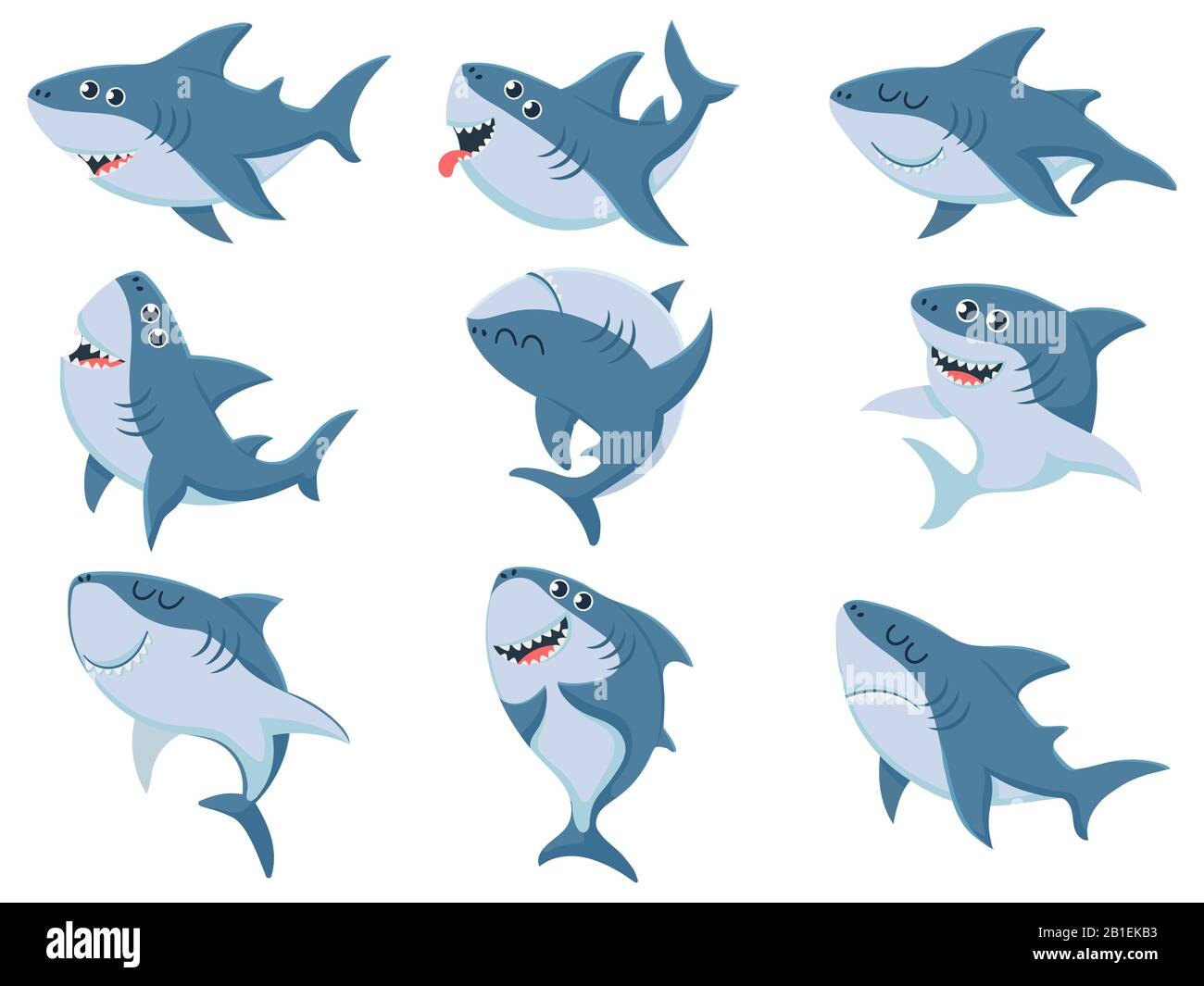Cartoon sharks. Comic shark animals, scary jaws and ocean swimming angry sharks vector illustration set Stock Vector