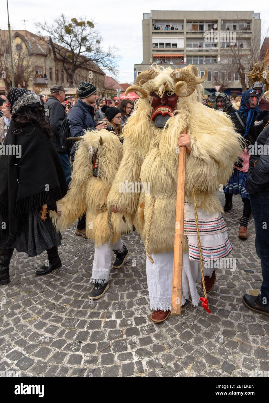 A masked buso walking in the procession at the 2020 Busojaras carnival celebration in Mohacs, Hungary Stock Photo