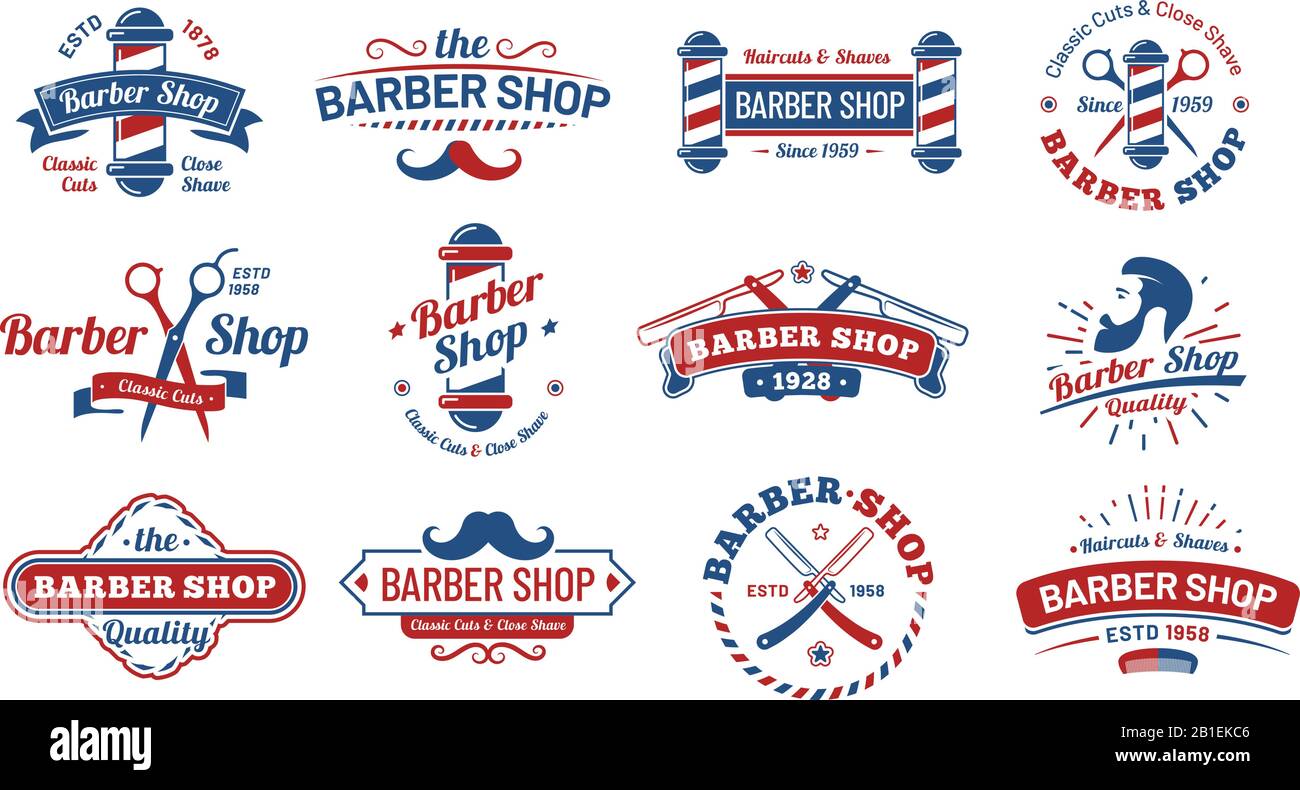 Barbershop badges. Vintage barber label, retro shave salon badge and gentleman haircut old sign vector illustration set Stock Vector