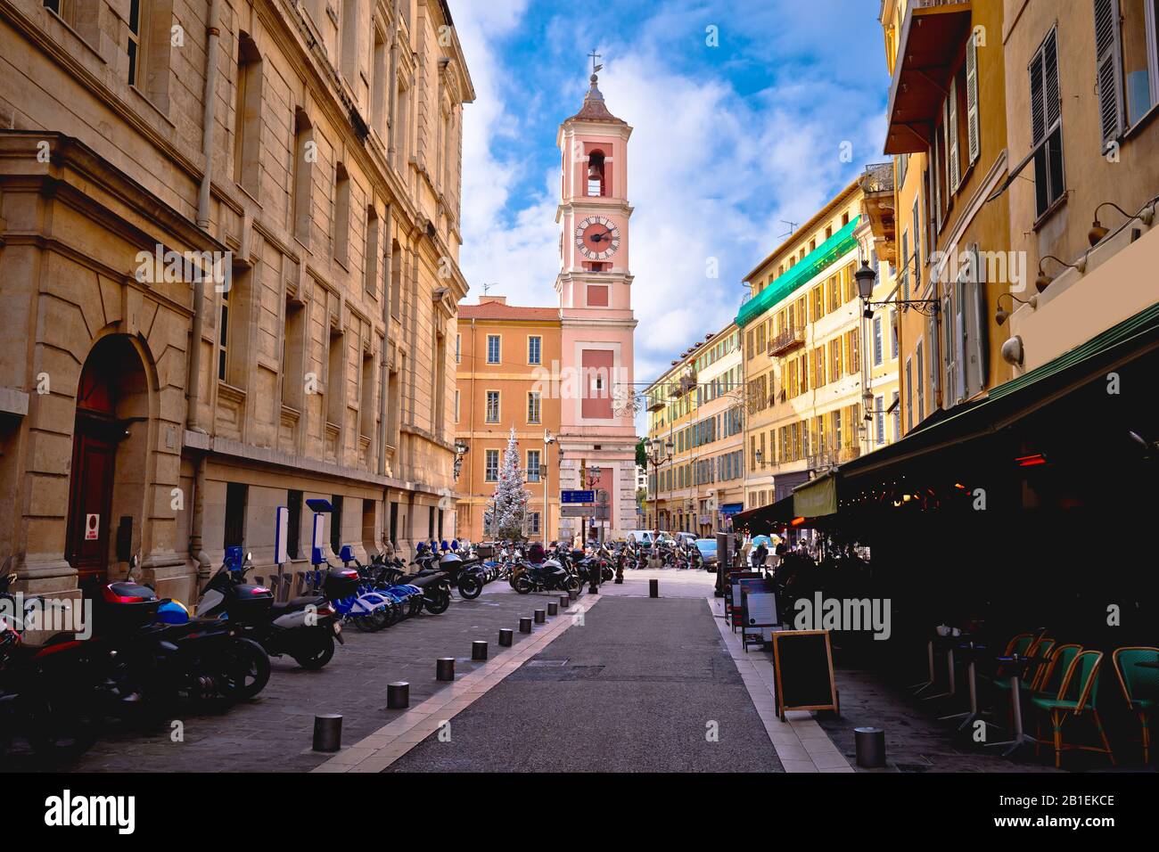 Town of Nice colorful street architecture and church view, tourist destination of French riviera, Alpes Maritimes depatment Stock Photo