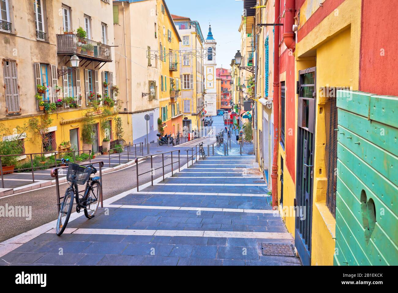 Town of Nice colorful street architecture and church view, tourist destination of French riviera, Alpes Maritimes depatment of France Stock Photo