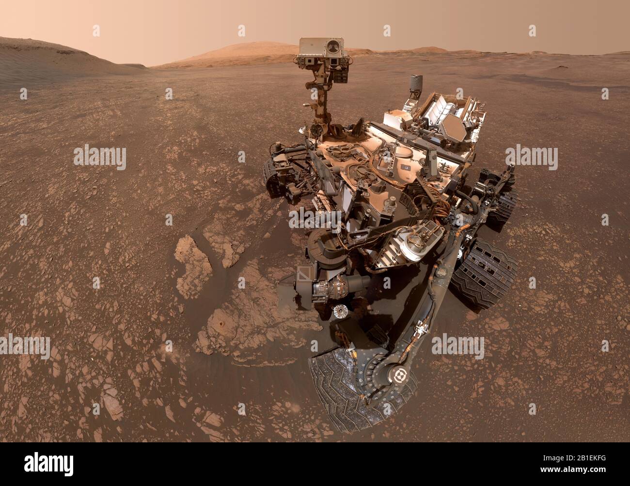 MARS - 12 May 2019 - NASA's Curiosity Mars rover took this selfie on May 12, 2019 (the 2,405th Martian day, or sol, of the mission). To the lower-left Stock Photo
