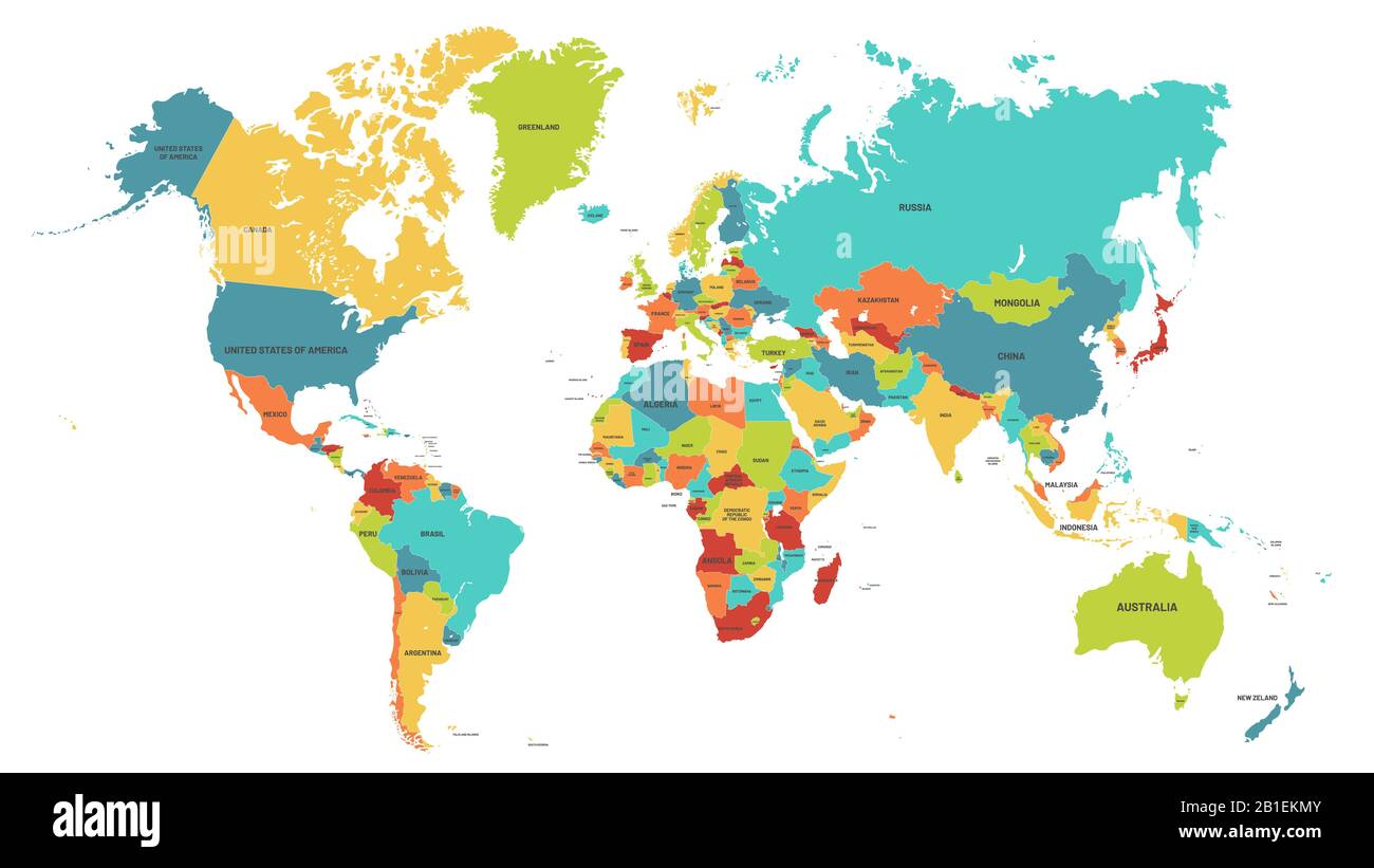 Colored world map. Political maps, colourful world countries and country names vector illustration Stock Vector