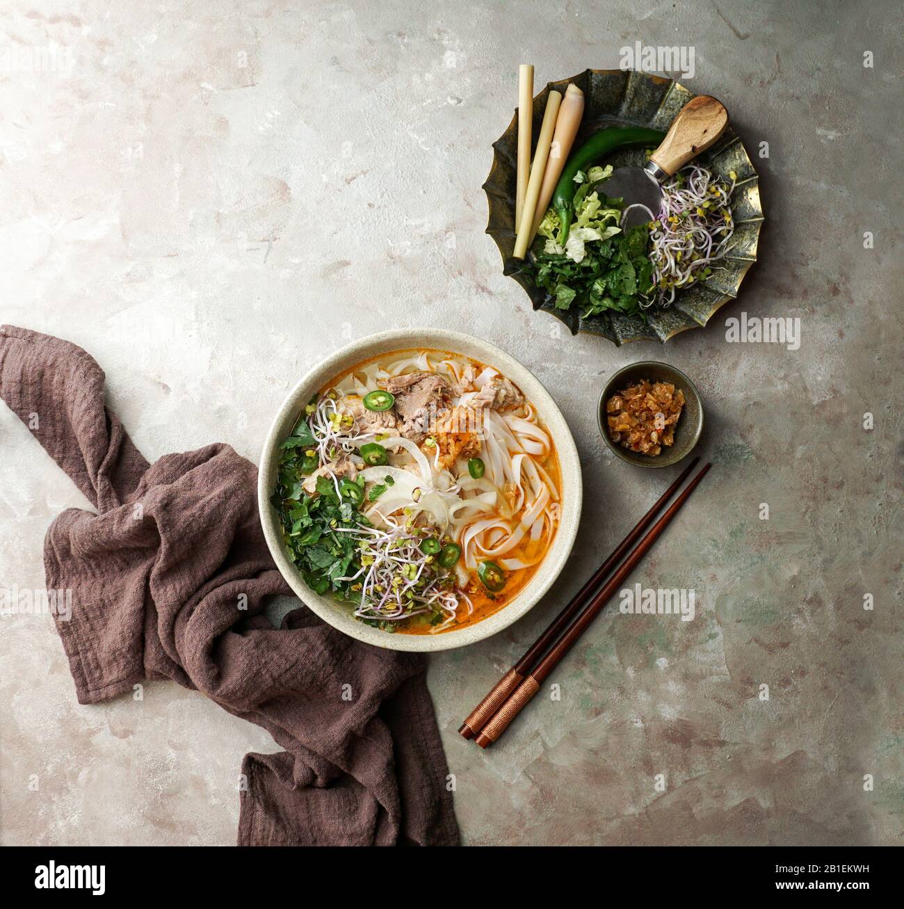 Bun Bo Hue, Bun Bo, Vietnamese beef noodle soup spicy. bowl of beef and