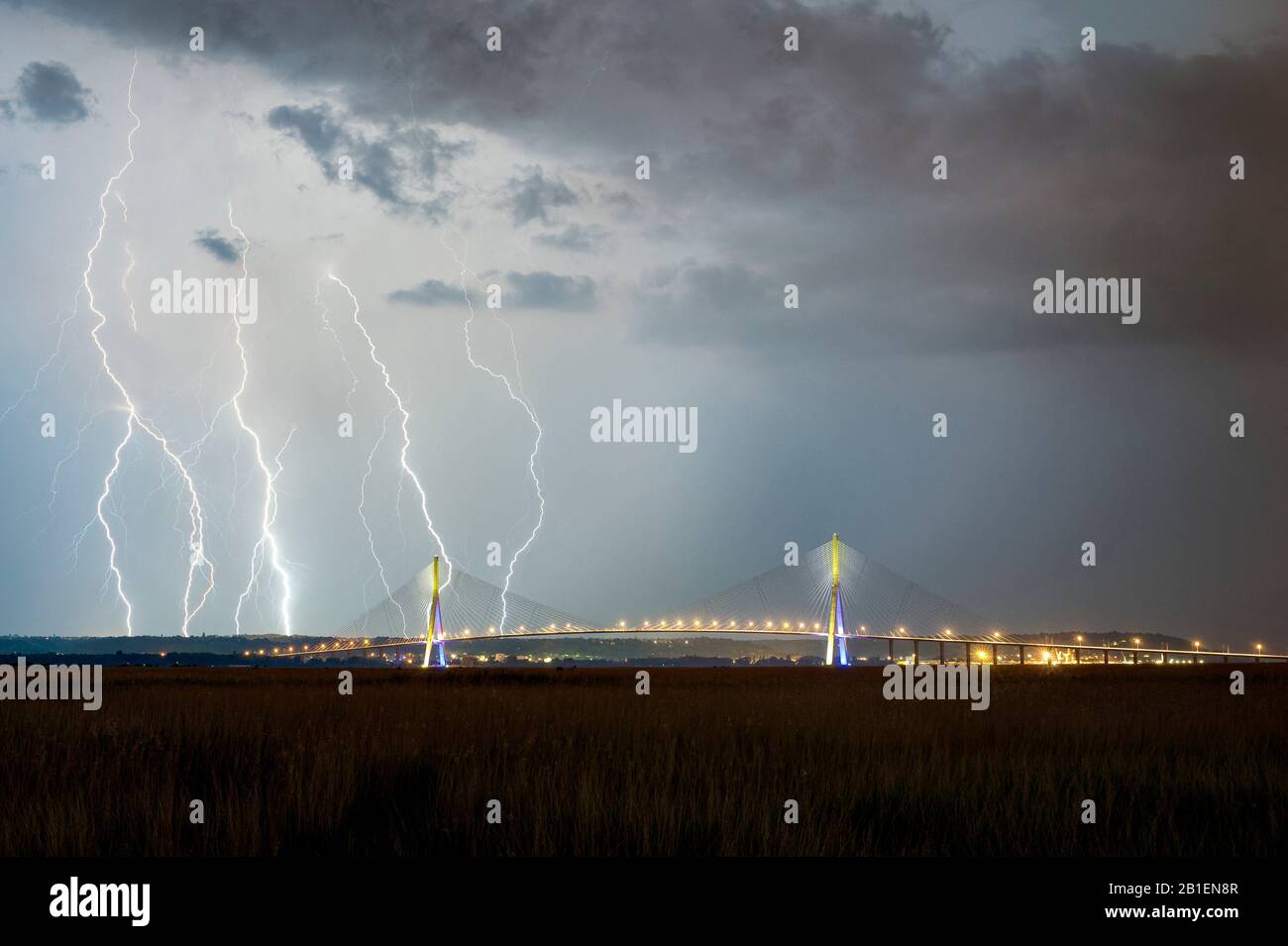 Thunderstorm over Le Havre and Normandy viaduct, France Stock Photo