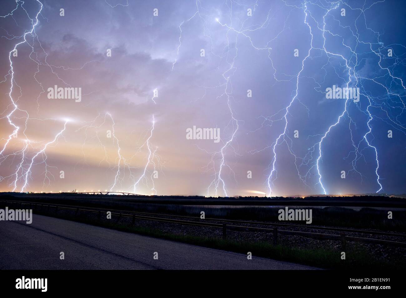 Thunderstorm over Le Havre and Normandy viaduct, France Stock Photo