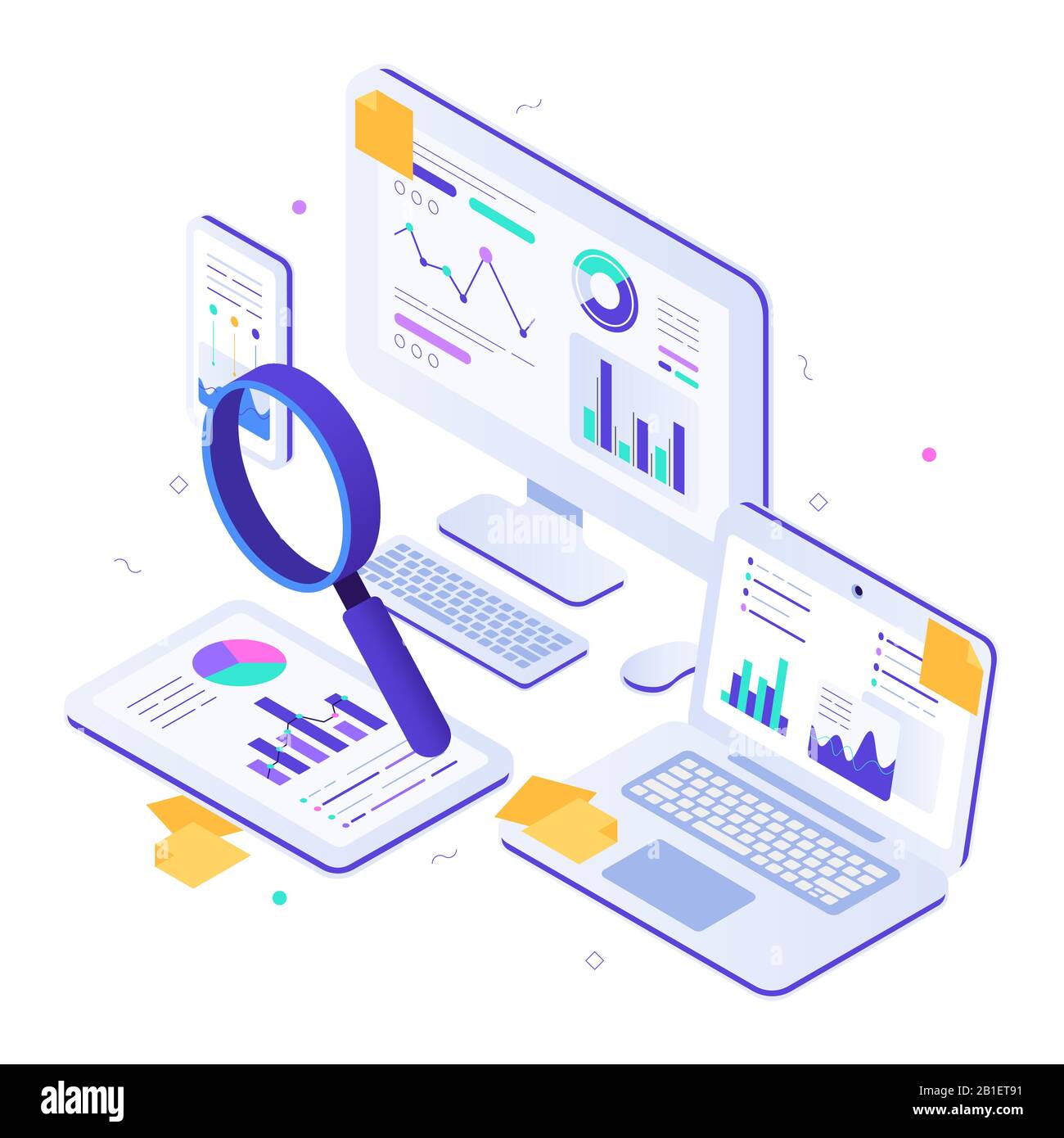 Online financial audit. Isometric website metrics, statistical graphs dashboards and web seo research vector illustration Stock Vector