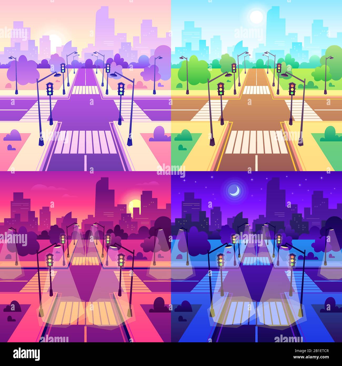 Crossroad with crosswalk. Road traffic intersection, daytime cityscape and urban road junction cartoon vector illustration Stock Vector