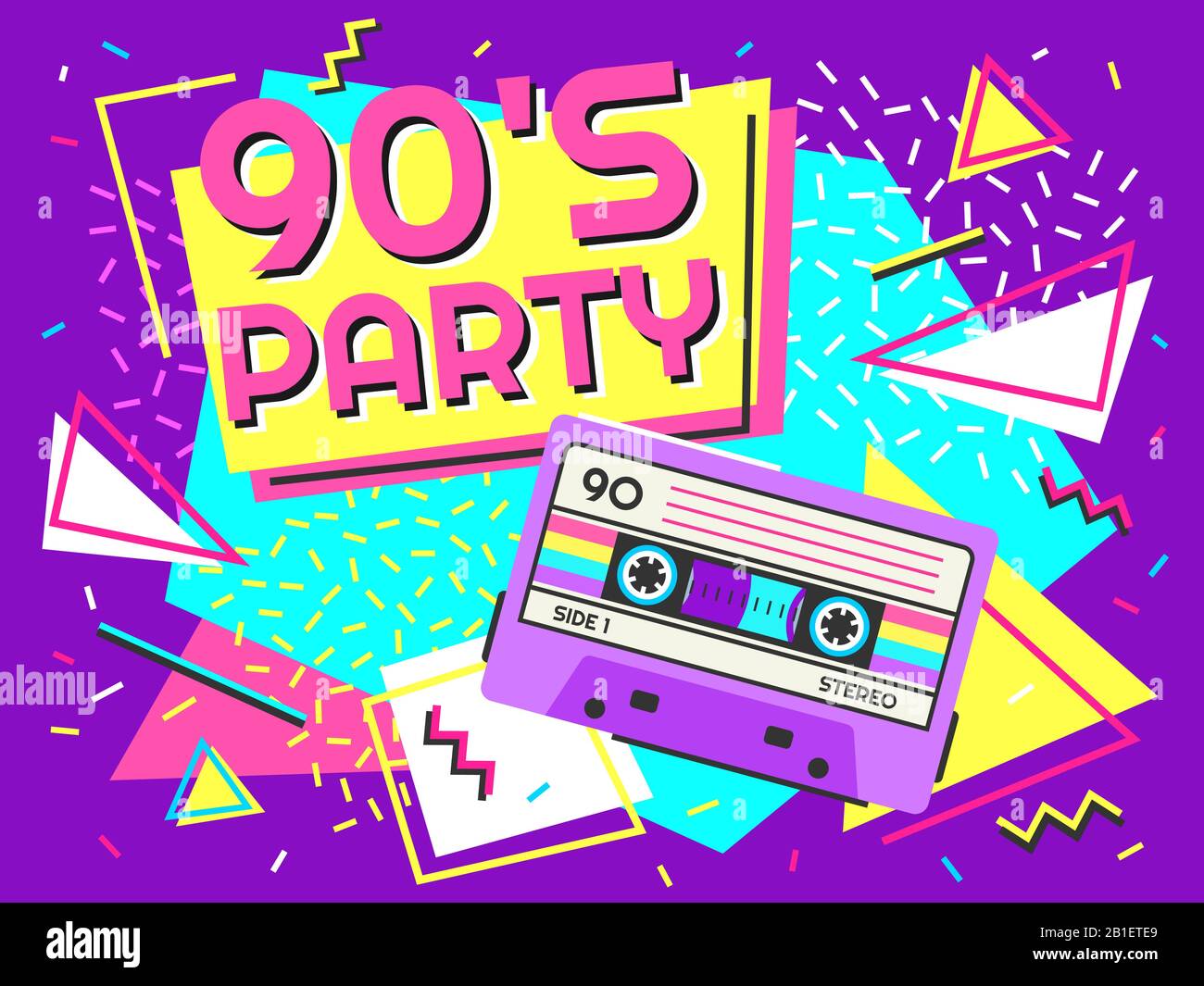 Retro party poster. Nineties music, vintage tape cassette banner and 90s style vector background illustration Stock Vector