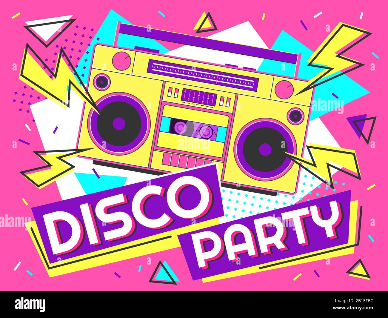 Disco party banner. Retro music poster, 90s radio and tape cassette player funky colorful design vector background illustration Stock Vector