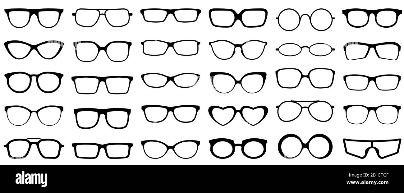 Glasses silhouette. Retro glasses, eye health eyewear and rim sunglasses silhouettes vector set Stock Vector
