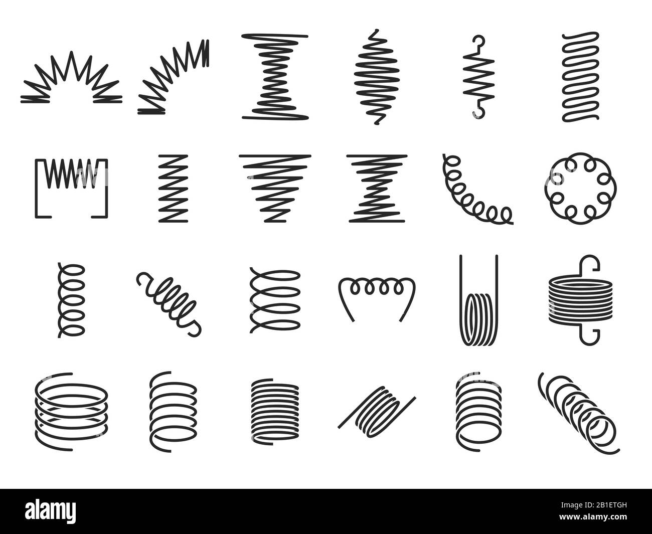 Spring coils. Metal spiral springs, metallic coil and linear spirals silhouette vector icon set Stock Vector