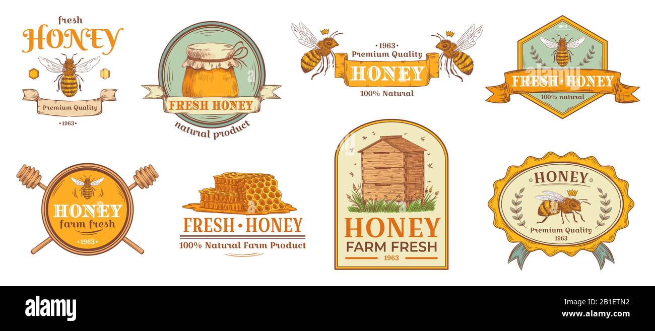 Honey badge. Natural bee farm product label, organic beekeeping pollen and bees hive emblem badges vector illustration set Stock Vector
