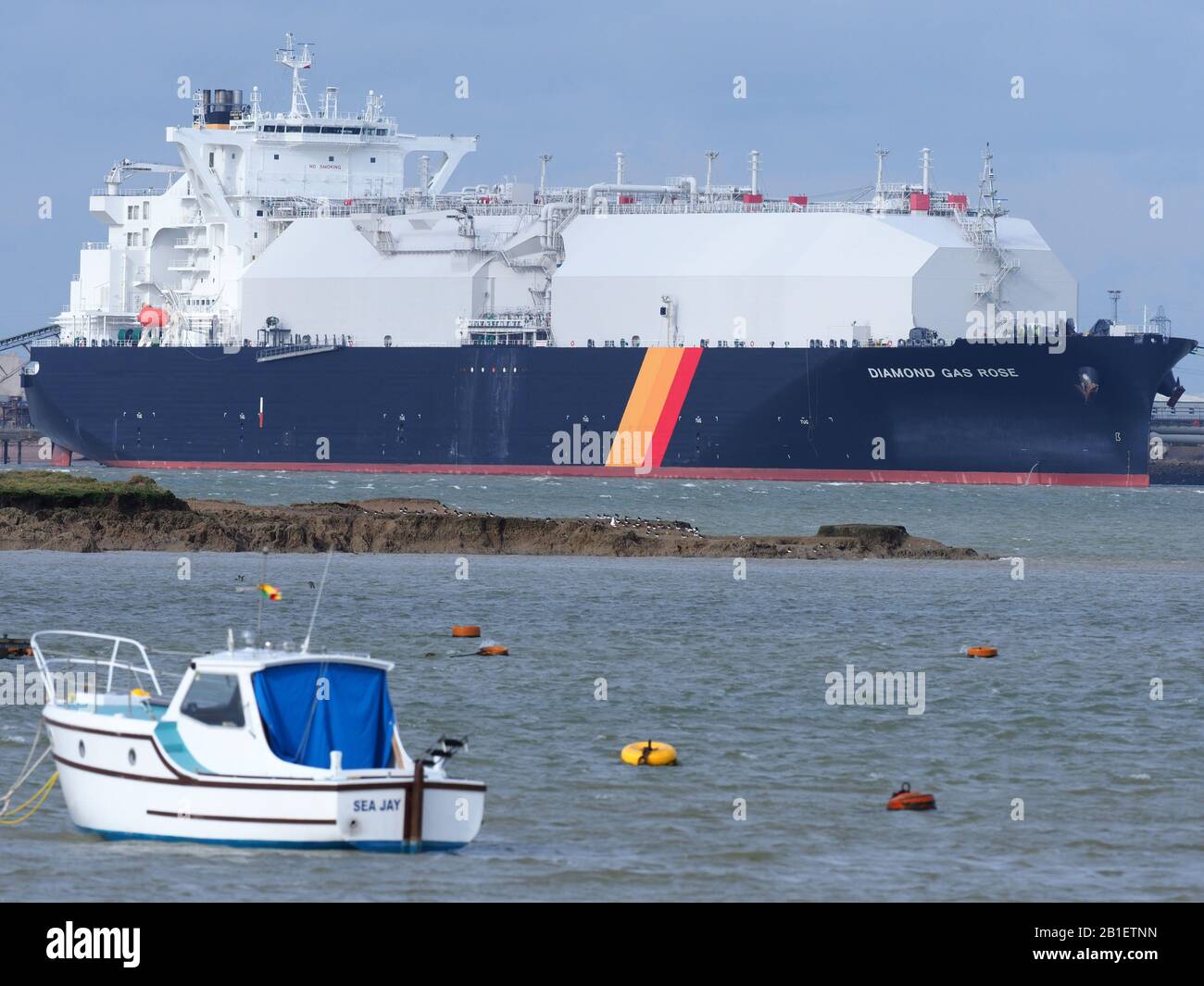 Queenborough, Kent, UK. 25th Feb, 2020. Distinctive next-generation LNG gas ship 'Diamond Gas Rose' seen berthed at the National Grid's Grain LNG facility this morning. The ship built by Mitsubishi Heavy Industries contains Liquefied Natural Gas, which is natural gas that has been cooled down to liquid form for ease and safety of transport. Grain LNG is Europe's largest liquefied natural gas terminal. Credit: James Bell/Alamy Live News Stock Photo