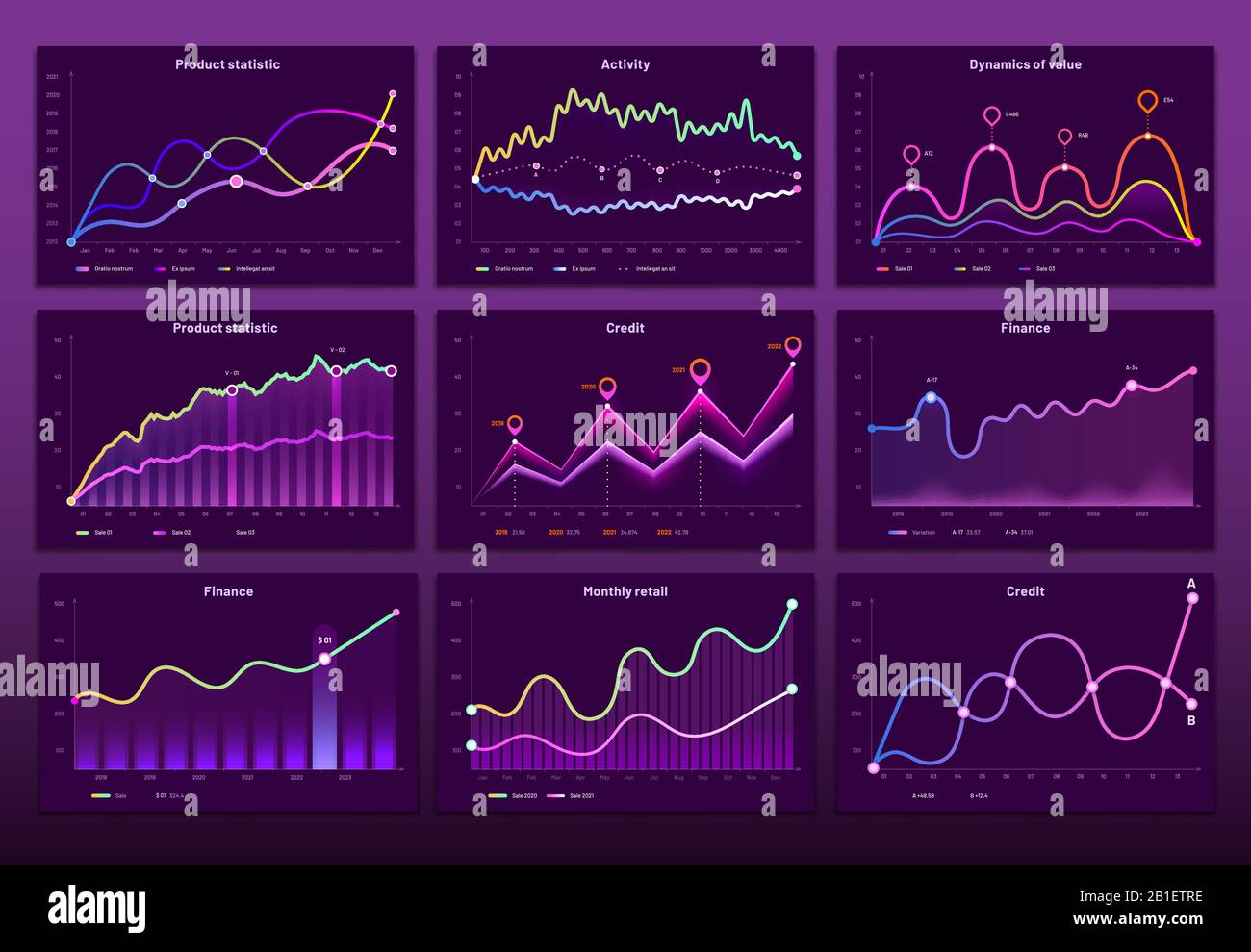 Line graph charts. Business financial graphs, marketing chart graphics and histogram infographic vector set Stock Vector