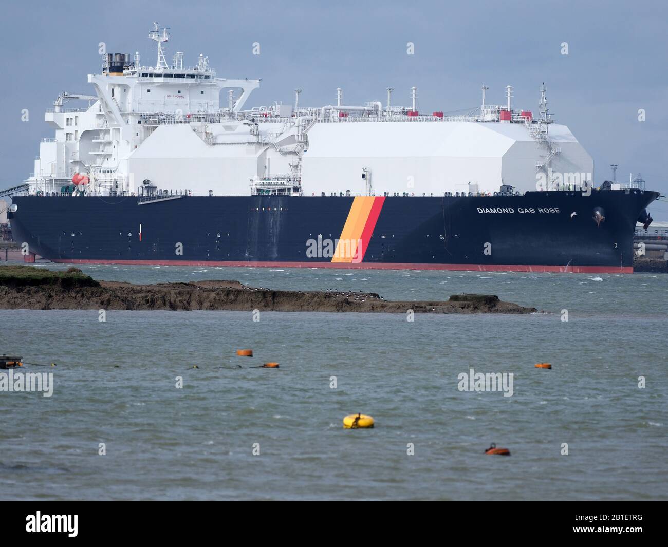 Queenborough, Kent, UK. 25th Feb, 2020. Distinctive next-generation LNG gas ship 'Diamond Gas Rose' seen berthed at the National Grid's Grain LNG facility this morning. The ship built by Mitsubishi Heavy Industries contains Liquefied Natural Gas, which is natural gas that has been cooled down to liquid form for ease and safety of transport. Grain LNG is Europe's largest liquefied natural gas terminal. Credit: James Bell/Alamy Live News Stock Photo