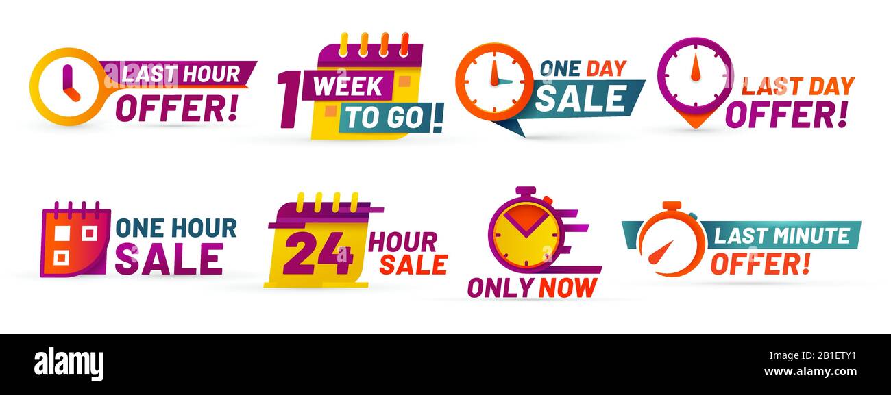 Sale countdown badges. Last minute offer banner, one day sales and 24 hour sale promo stickers vector set Stock Vector