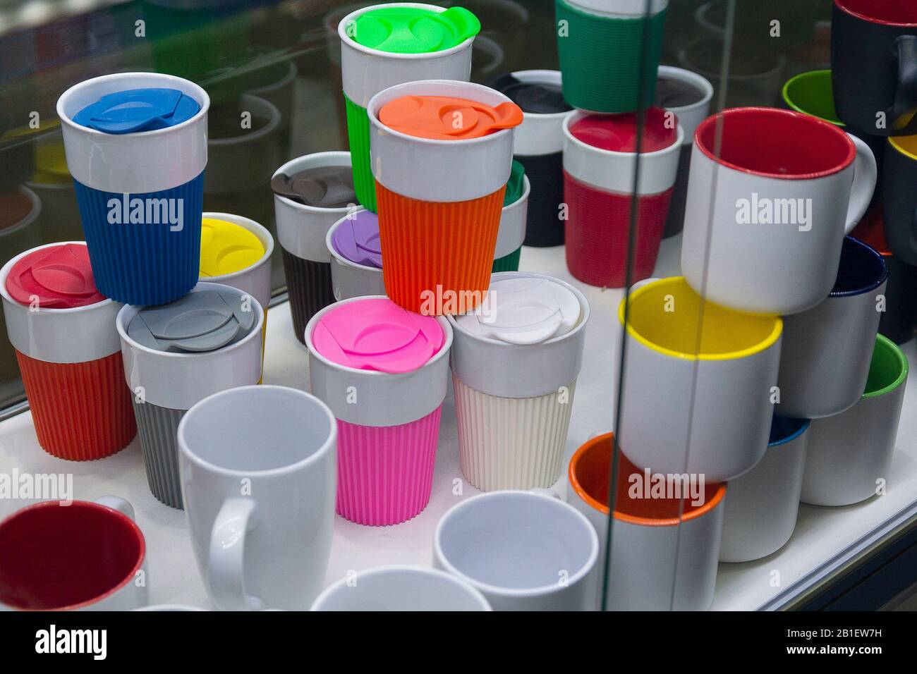 Colorful glasses and coaches on the display case Stock Photo - Alamy