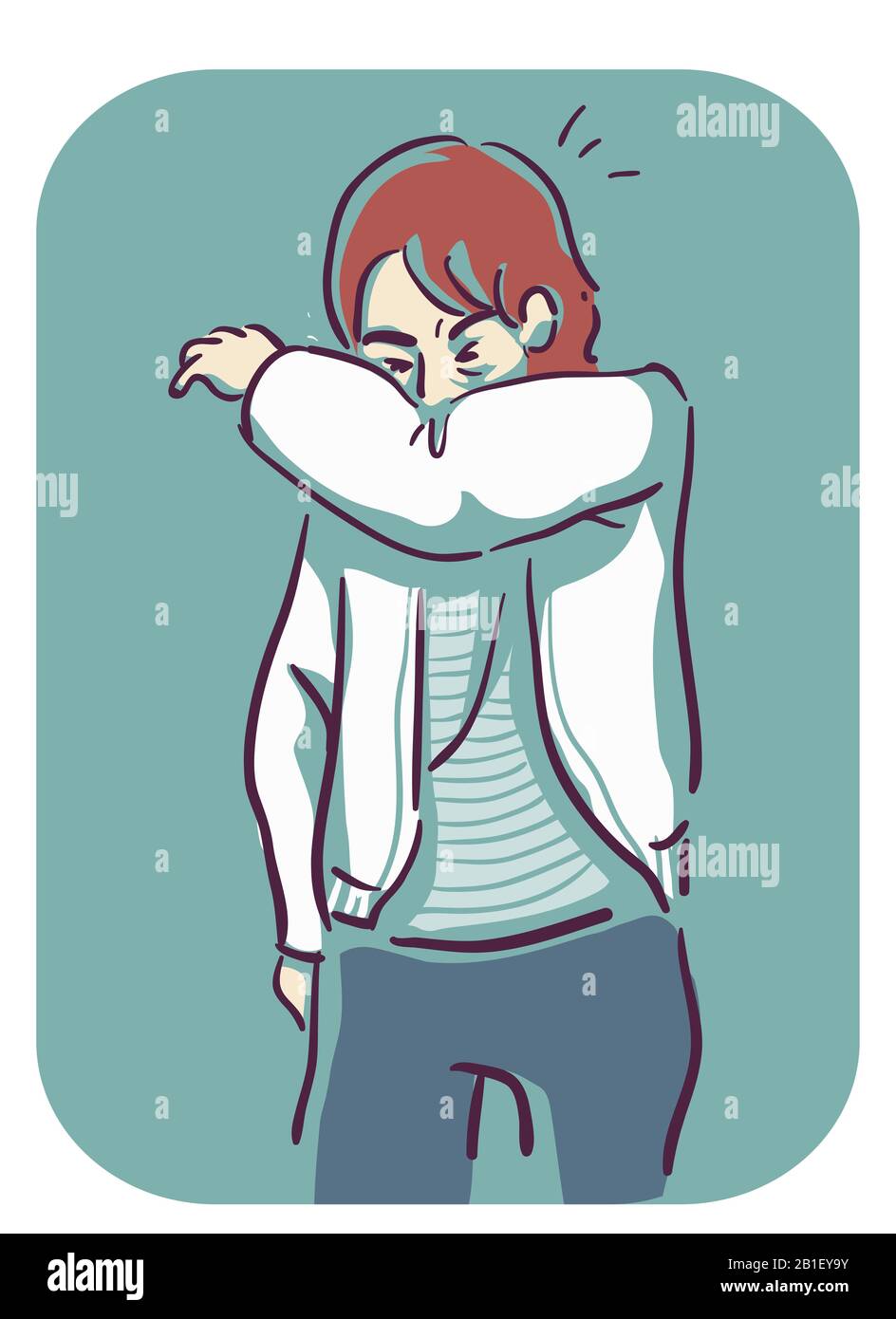 Illustration of a Man Sneezing Into the Crook of His Elbow Stock Photo