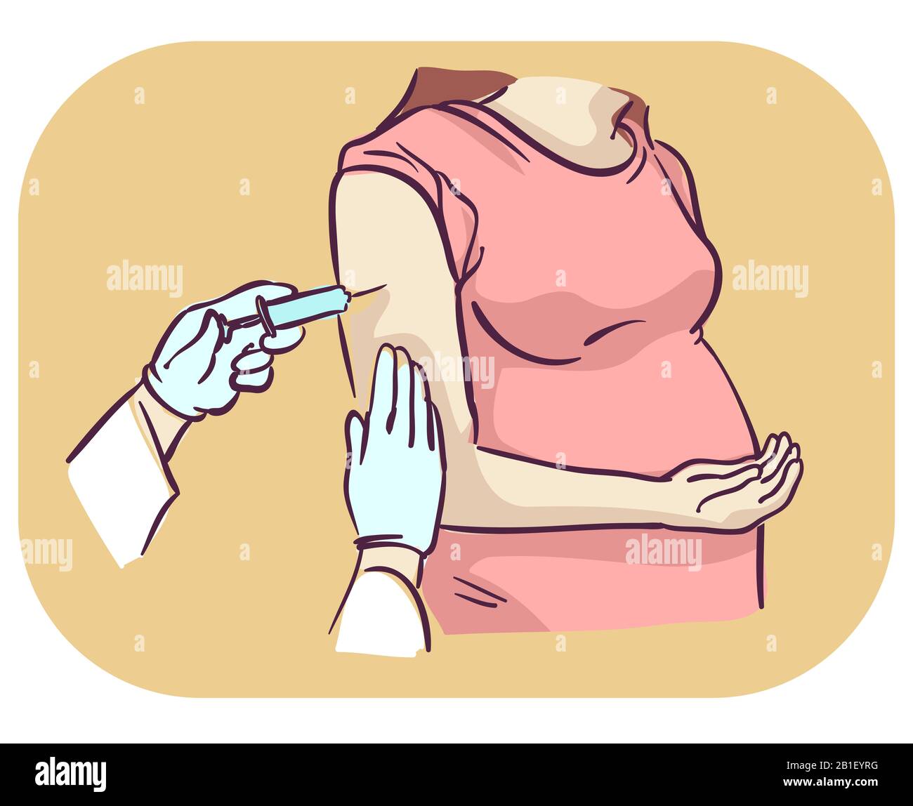 Illustration of a Pregnant Girl Getting Vaccine from Hands Wearing Gloves and Using Syringe Stock Photo