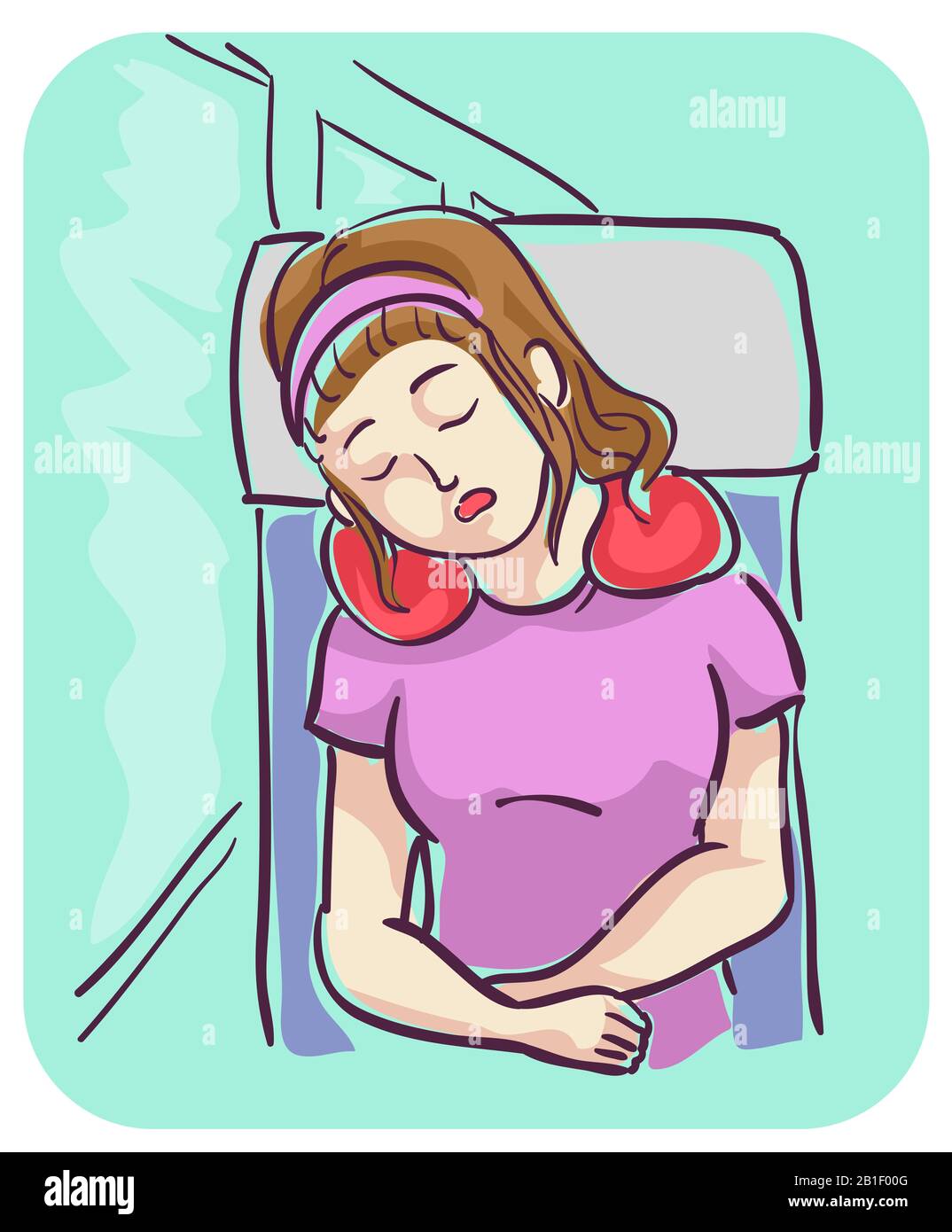 Illustration of a Girl Sleeping While Sitting In a Bus By the Window and Wearing Neck Pillow Stock Photo