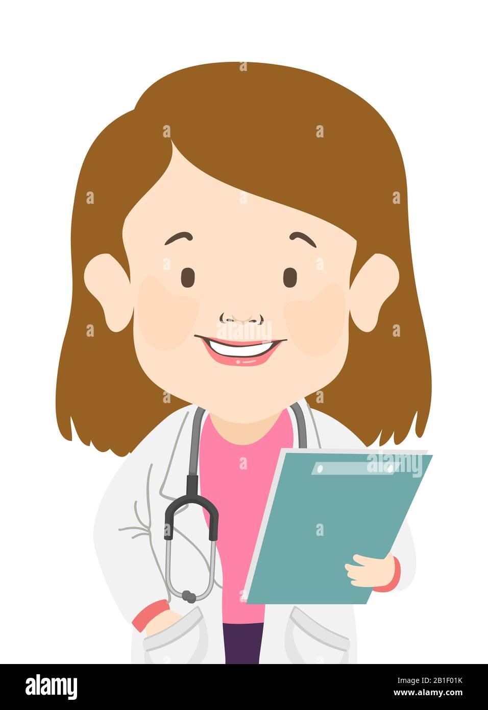 Illustration of a Doctor Girl with Dwarfism Wearing White Gown and Stethoscope, Holding Clipboard Stock Photo