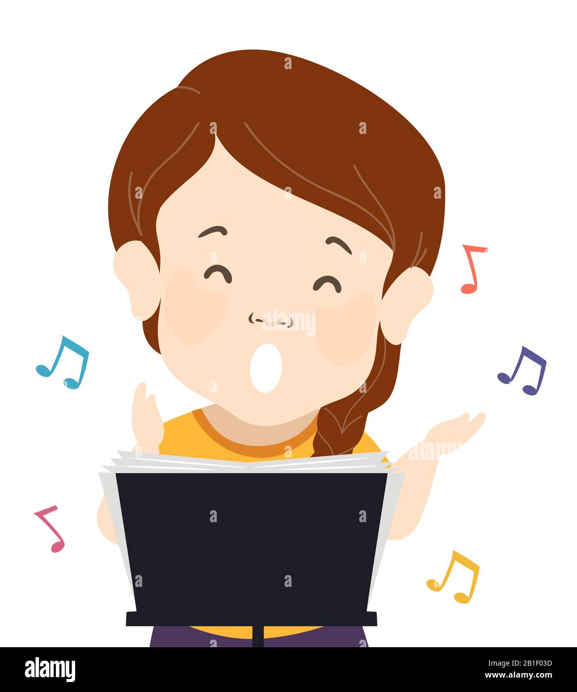 Illustration of a Girl with Dwarfism Singing and Using Music Rack or Stand with Lyrics Stock Photo
